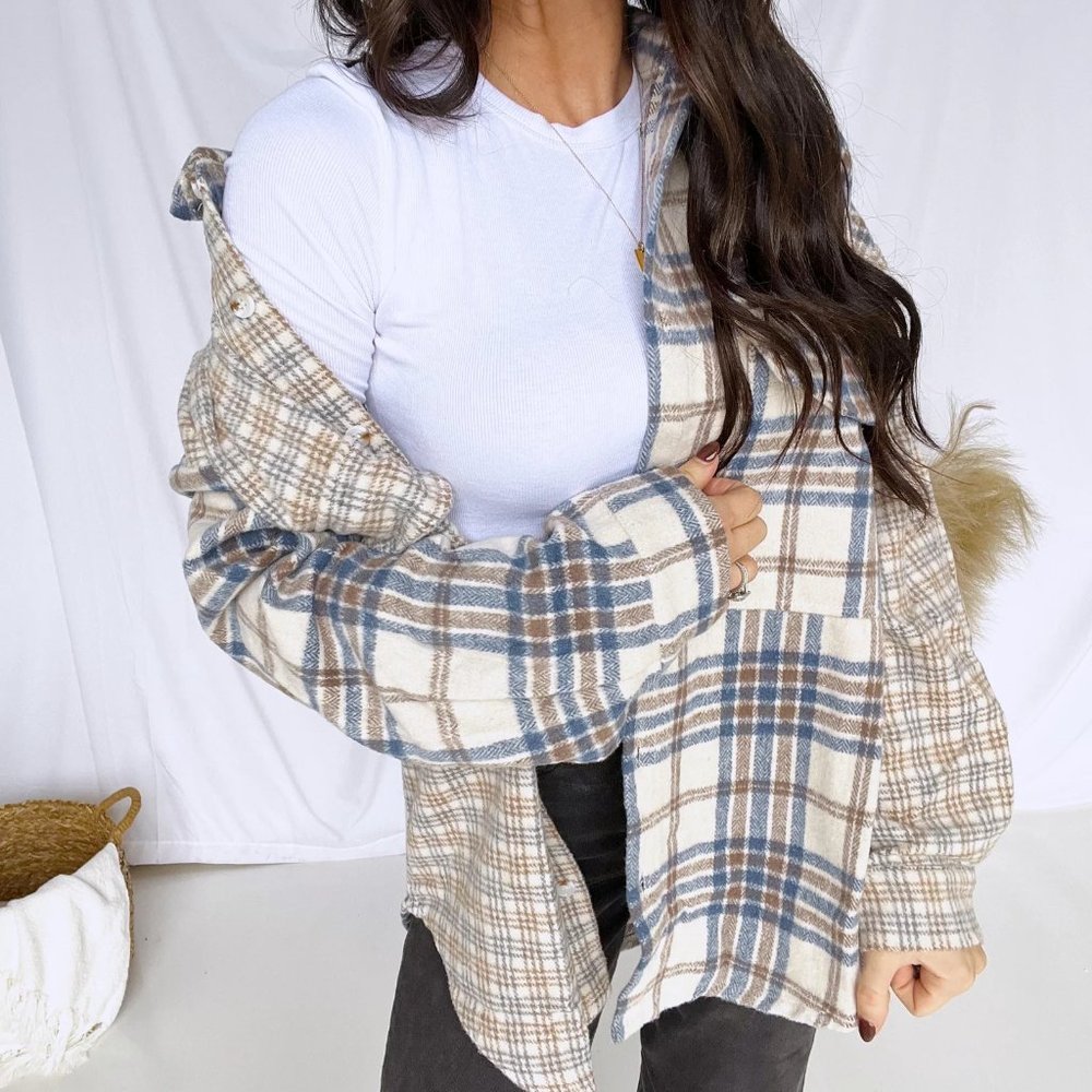 NWOT Status Update Plaid Shacket - Blue/Cocoa Combo Sz S